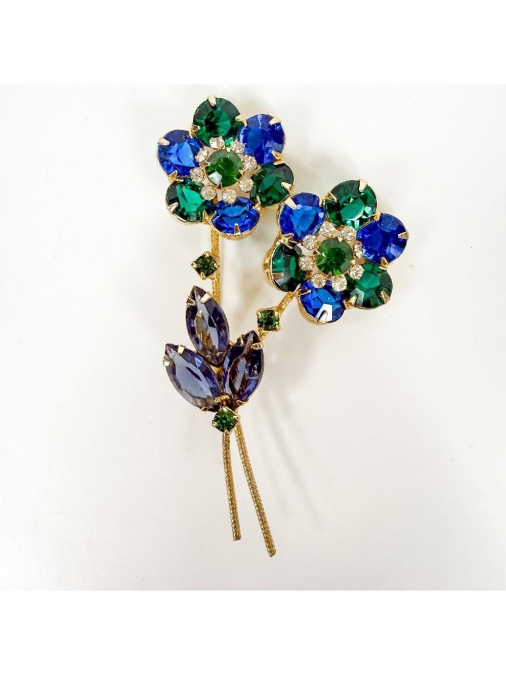 Vintage Blue Green Rhinestones Flowers Long Stems Gold Tone Prong Set Brooch
